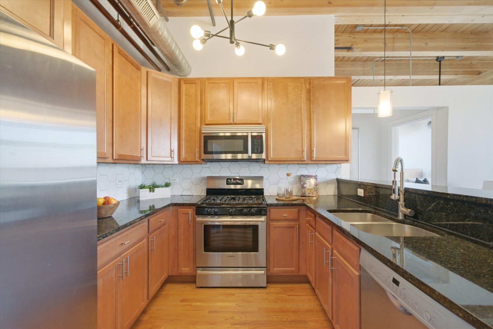 1610 South Halsted Street, Unit 401 Chicago, IL 60608 - Photo 9 of 31 a kitchen with stainless steel appliances granite countertop a sink a stove and a microwave oven with cabinets