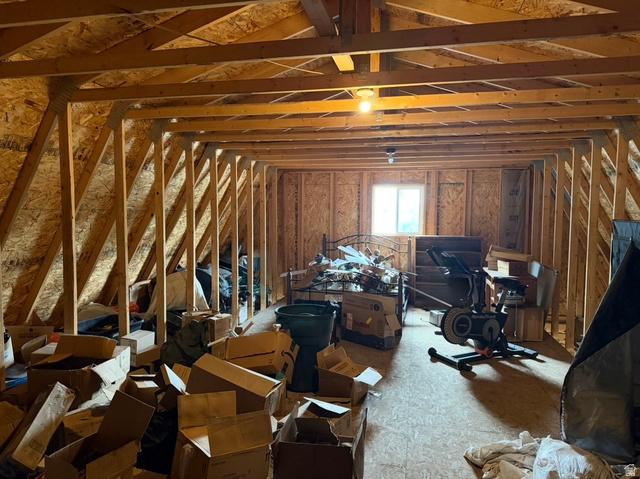 1225 South Main Street Mapleton, UT 84664 - Photo 7 of 9 Unfinished loft space above garage featuring exposed wood framing and ceiling-mounted light fixtures