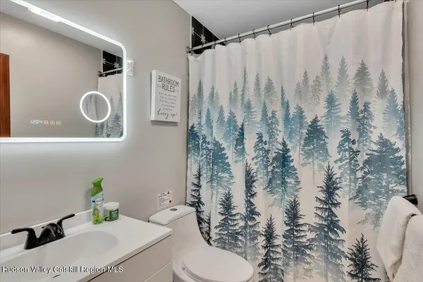 a bathroom with a sink toilet and shower