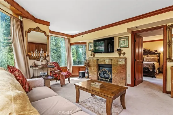 a living room with furniture a fireplace and a floor to ceiling window