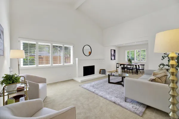 a living room with furniture window and a fireplace