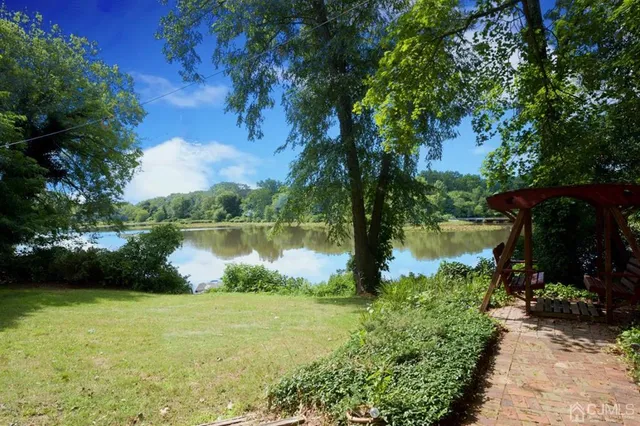 a view of a house with a yard and potted plants