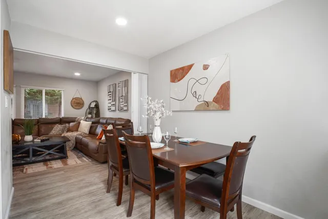 a view of a dining room with furniture