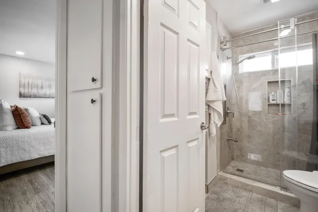 a bathroom with a shower and toilet