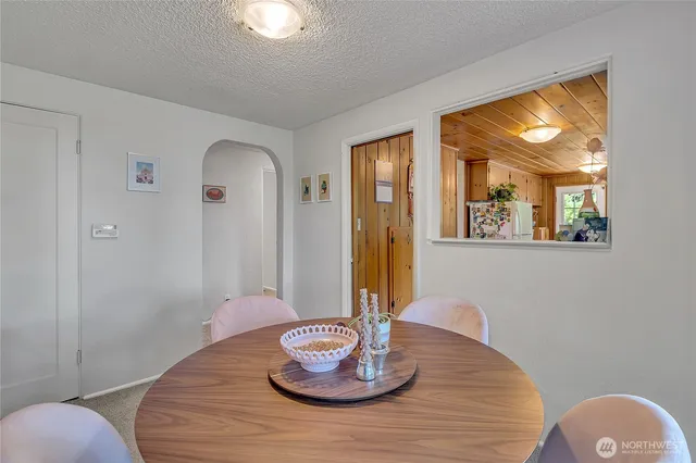 a close view of a dining room with furniture