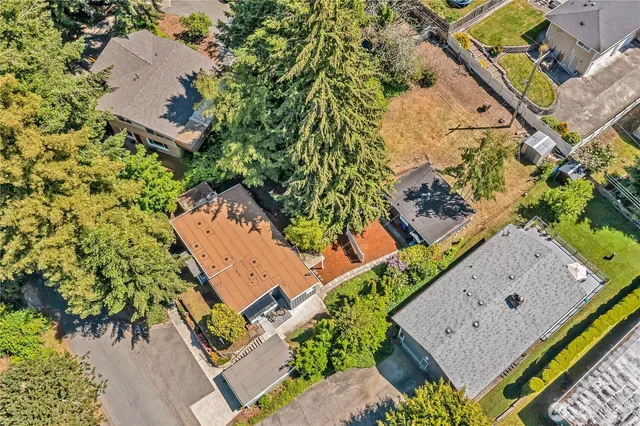 an aerial view of a house with a yard and a large tree