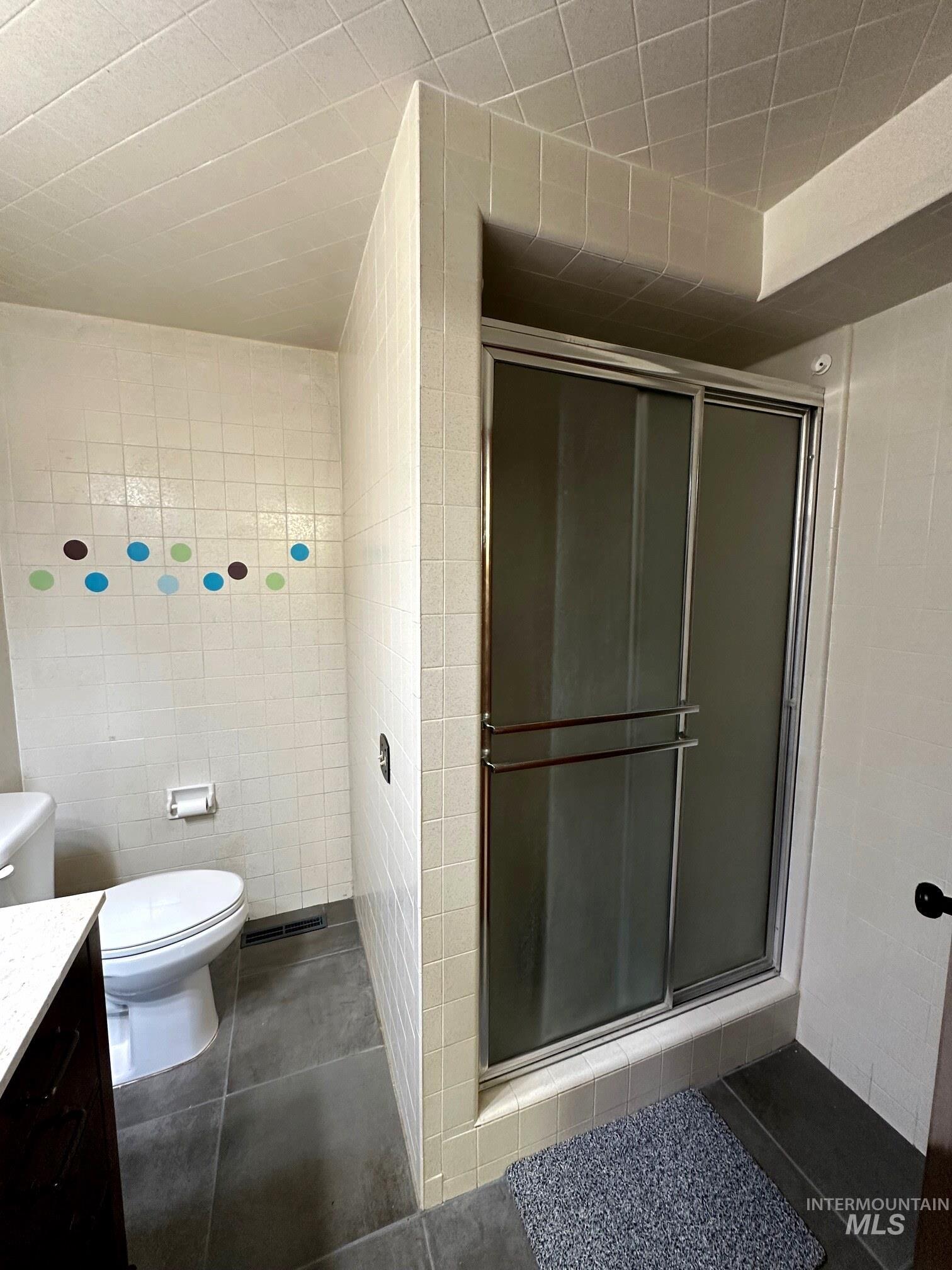 4436 Baker Road Ontario, OR 97914 - Photo 20 of 30 Bathroom with tile walls, a stall shower, vanity, and dark tile patterned flooring