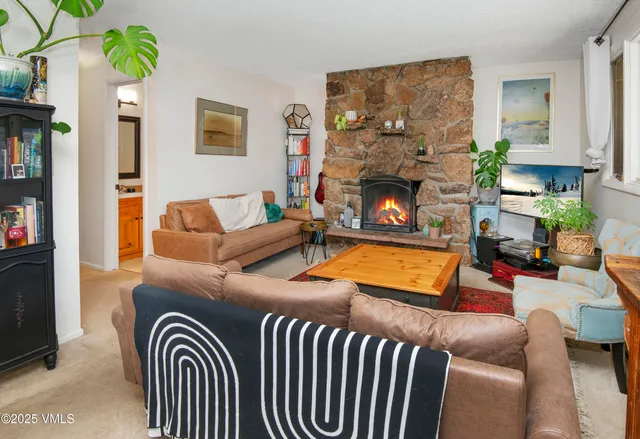 a living room with furniture a flat screen tv and a fireplace