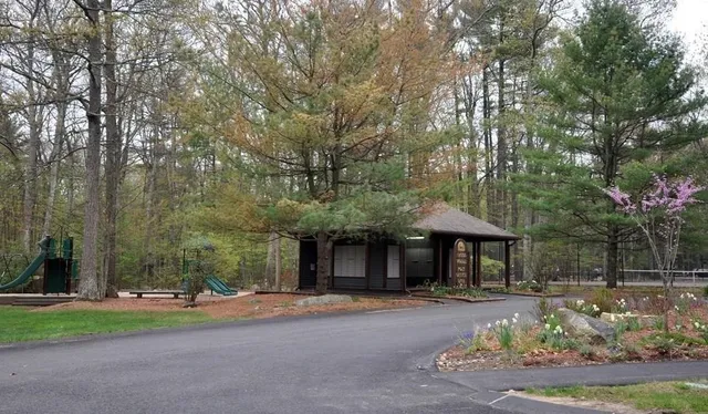 a view of a park with a slide