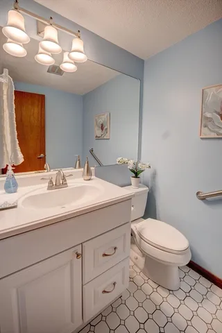 a bathroom with a sink toilet and mirror