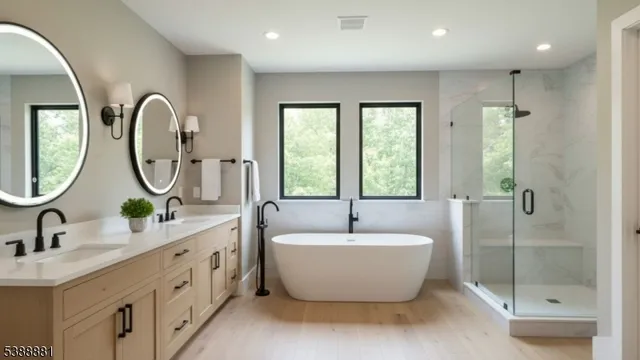a bathroom with a granite countertop sink mirror and bathtub