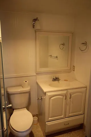 a bathroom with a sink a toilet and a mirror