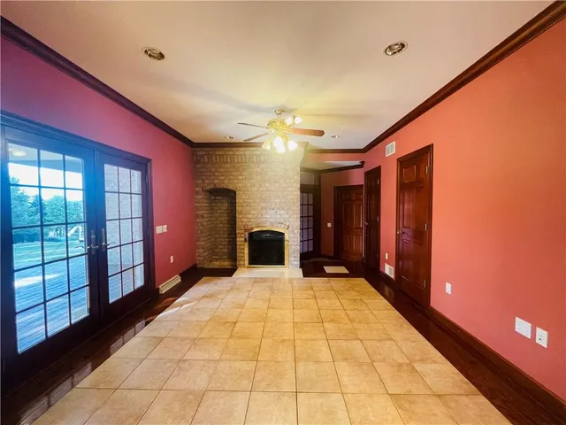 a living room with a fireplace