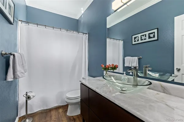 a bathroom with a granite countertop sink a toilet and shower