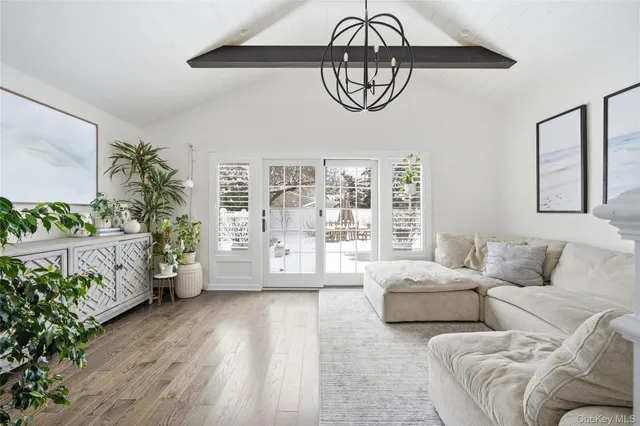 a living room with furniture a chandelier and a potted plant