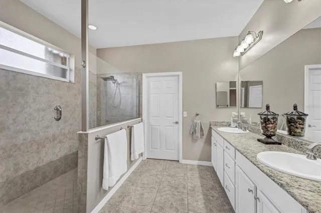 a bathroom with a double vanity sink a large mirror and shower