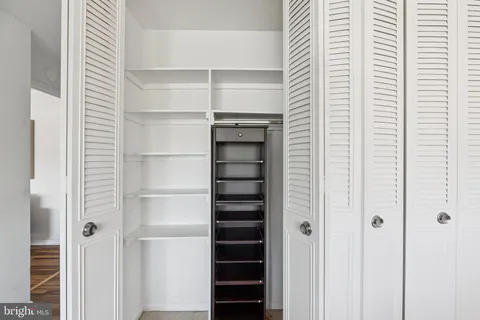 a view of walk in closet with empty racks