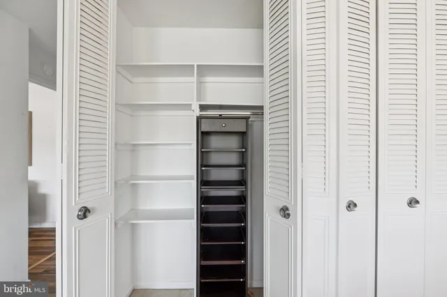 a view of walk in closet with empty racks
