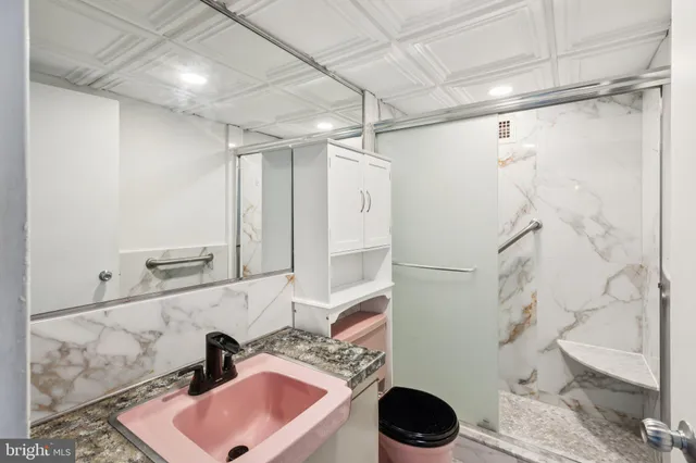 a bathroom with a sink and a shower