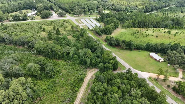 an aerial view of residential houses with outdoor space and trees
