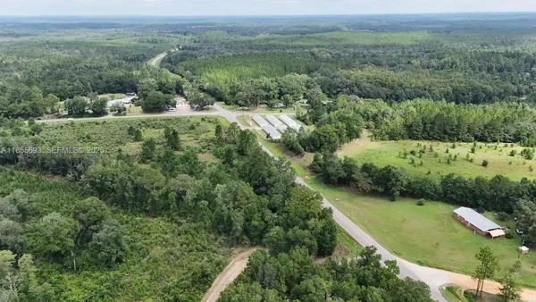 an aerial view of residential houses with outdoor space and trees