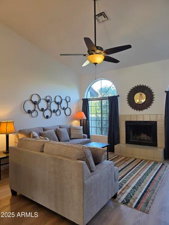 a living room with furniture and a fireplace