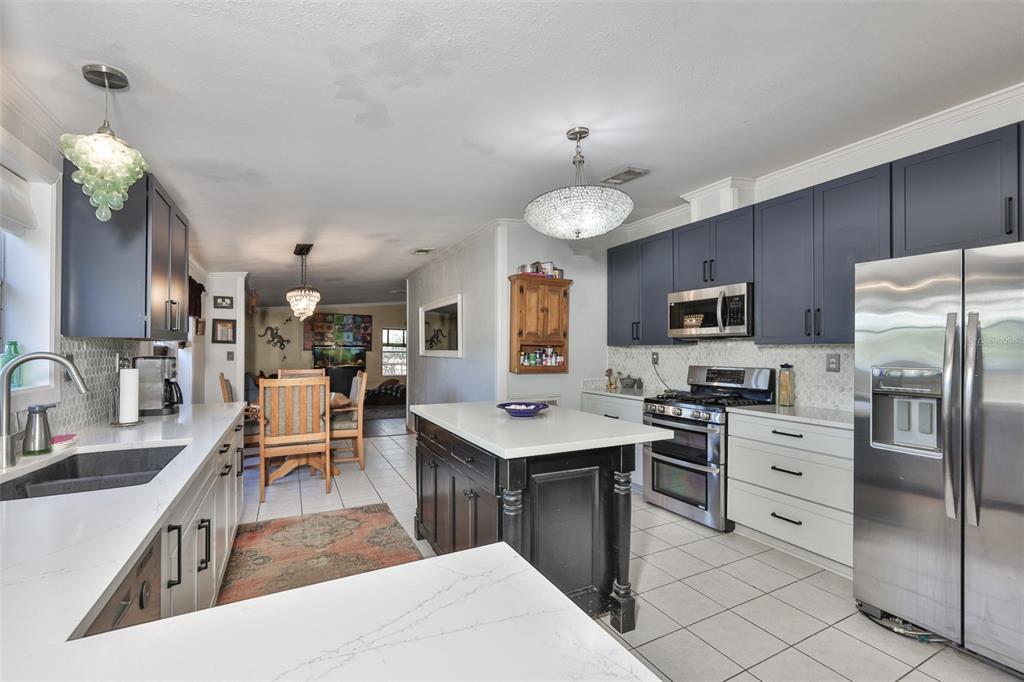 20112 Hobbs Road Wimauma, FL 33598 - Photo 17 of 94 a kitchen with stainless steel appliances kitchen island granite countertop a sink dishwasher stove and refrigerator