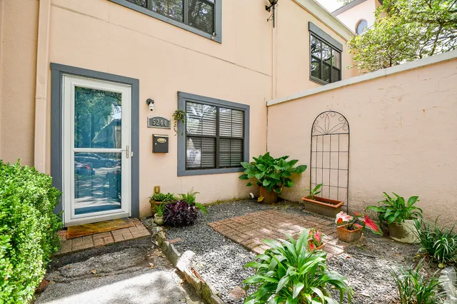a potted plant sitting in front of a house