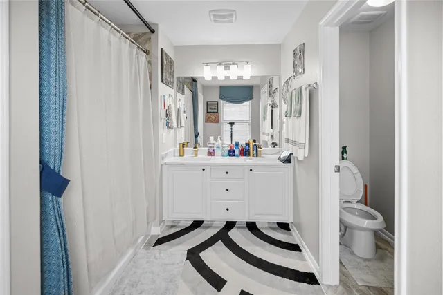 a bathroom with a sink a toilet a mirror and shower