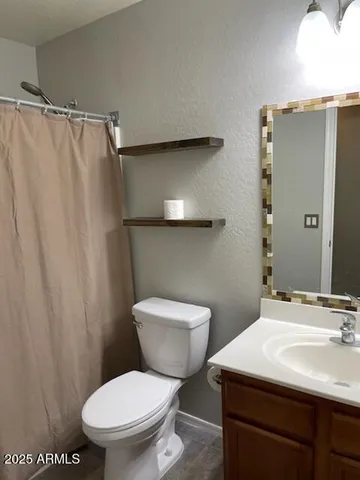 a bathroom with a sink a toilet a mirror and shower curtain