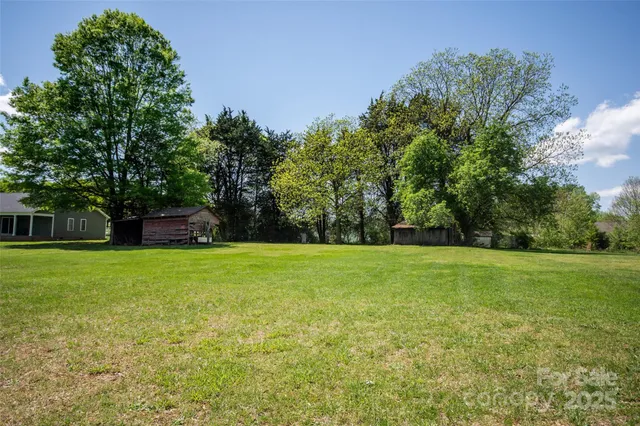 a view of backyard with a barn and a large tree