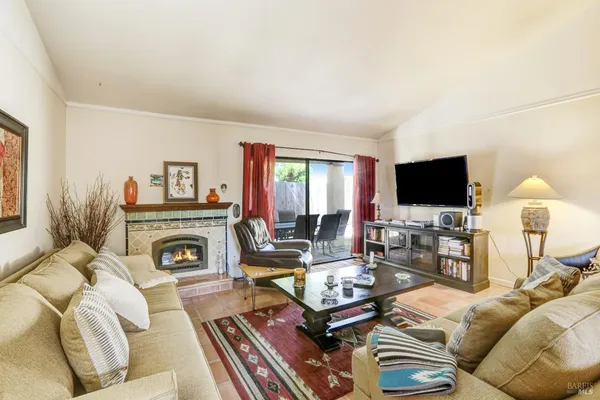 a living room with furniture a flat screen tv and a fireplace