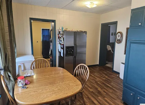 a view of a dining room with furniture
