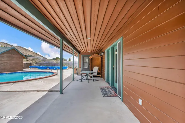 a porch with seating space