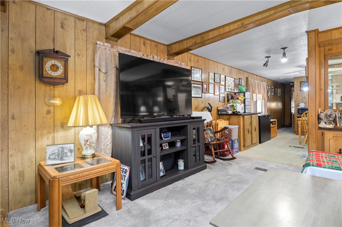 35157 Center Ridge Road, Unit 117 North Ridgeville, OH 44039 - Photo 7 of 21 Living room with wood walls, carpet, and beamed ceiling