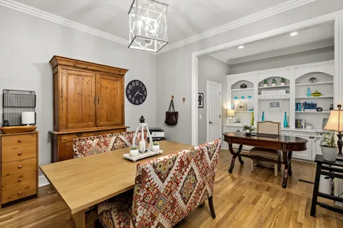 a view of a dining room with furniture