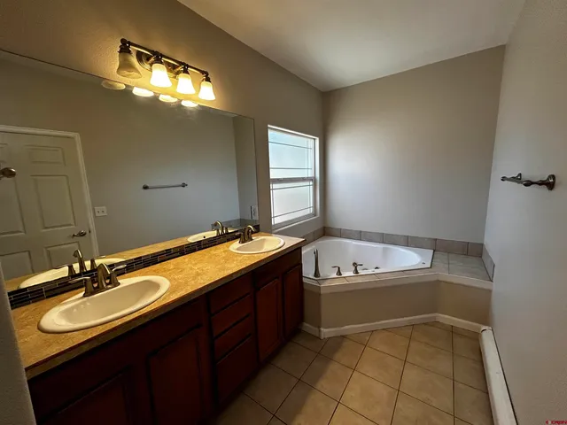a bathroom with a tub sink and mirror