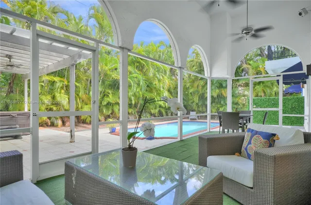 a view of a dining room with furniture water view and garden view