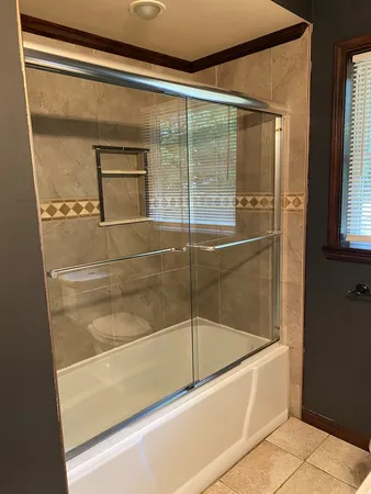 a bathroom with a bathtub