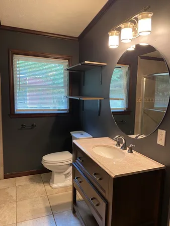 a bathroom with a sink toilet and mirror