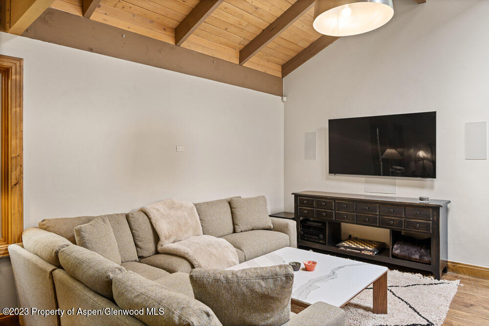 64 Eastwood Road Aspen, CO 81611 - Photo 11 of 24 a living room with furniture a flat screen tv and a fireplace
