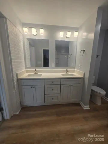 a bathroom with a double vanity sink a mirror and a shower
