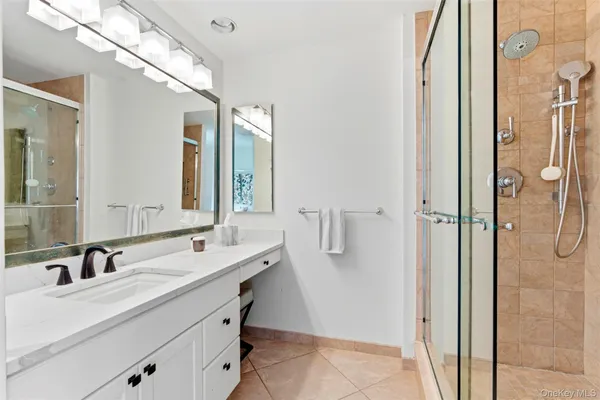 a bathroom with a double vanity sink a mirror a shower and vanity