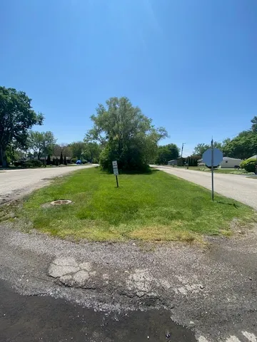 a view of a field with trees in background