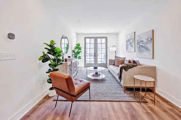 a living room with furniture and a potted plant