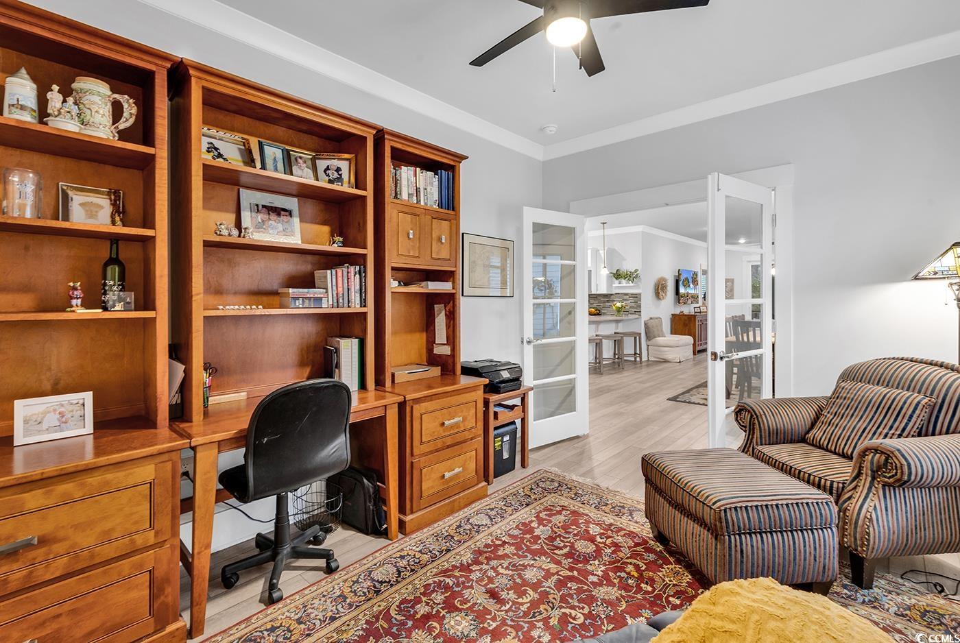 6013 Tramonto Street Myrtle Beach, SC 29577 - Photo 5 of 40 Office space featuring french doors, light wood finished floors, ceiling fan, and crown molding