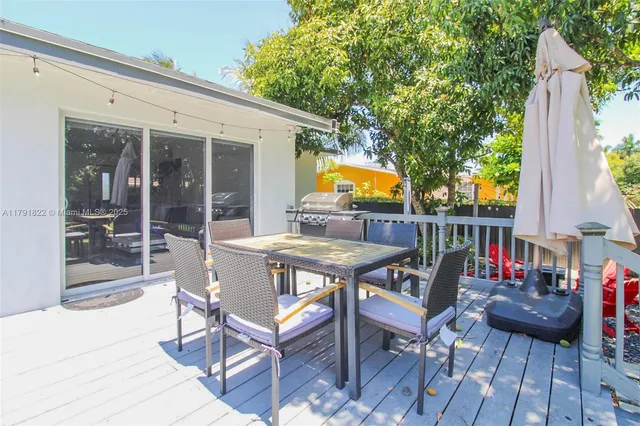 a backyard of a house with table and chairs