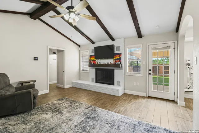 a view of a livingroom with a fireplace