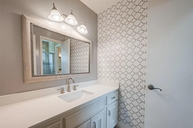 a bathroom with a sink a mirror and a shower