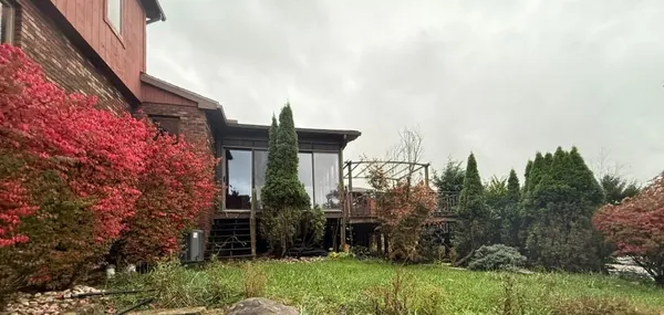 a big yard with swimming pool and trees